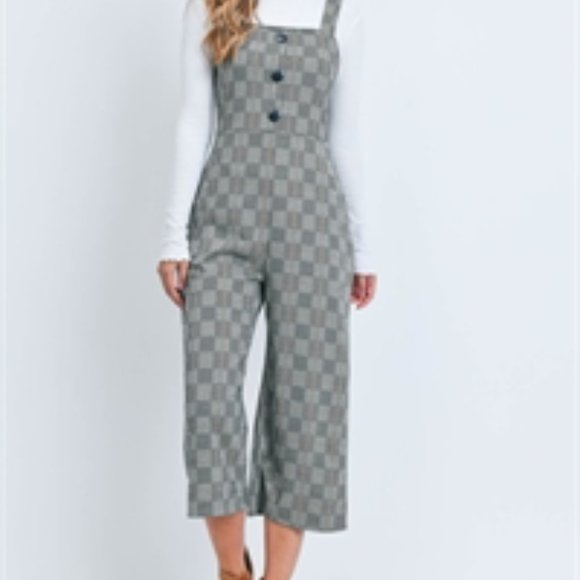 Black and Gray Checkered Jumpsuit, Mid-Calf Length - Picture 2 of 5
